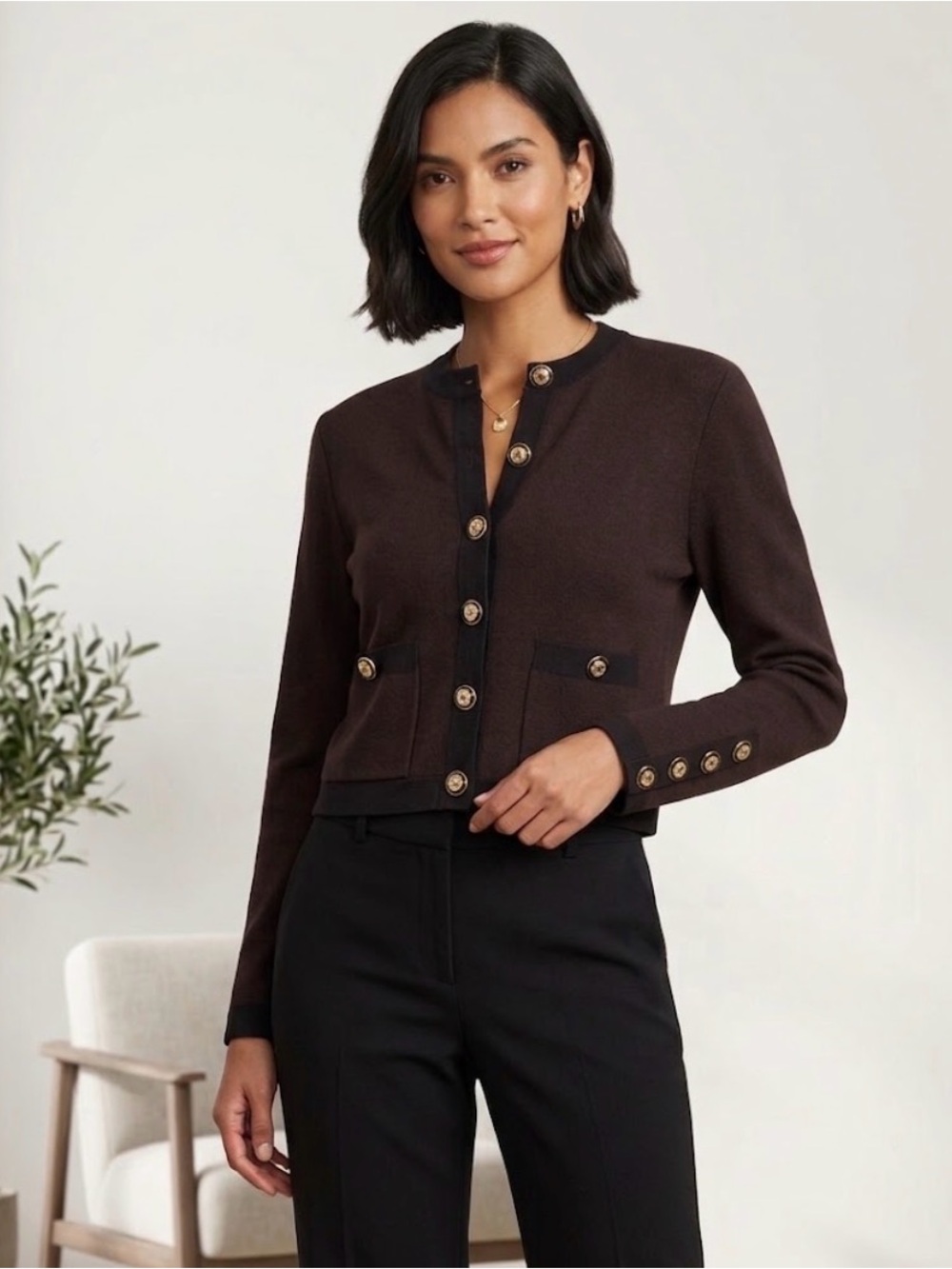 ST. JOHN Collection Vintage Knit Jacket Brown Gold Buttons